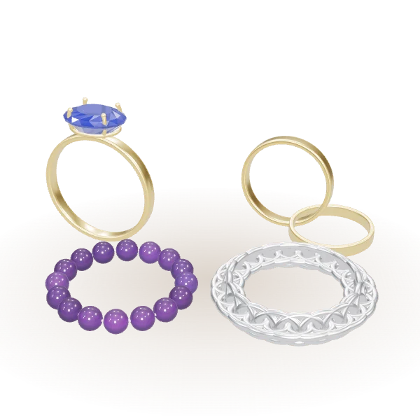 3D render of an arrangement of a sapphire ring, gold bands, a silver chain bracelet and a crystal bead bracelet