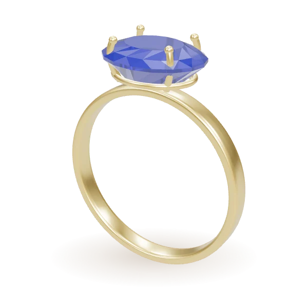 3D render of a faceted oval blue sapphire held by four claws on a yellow-gold ring