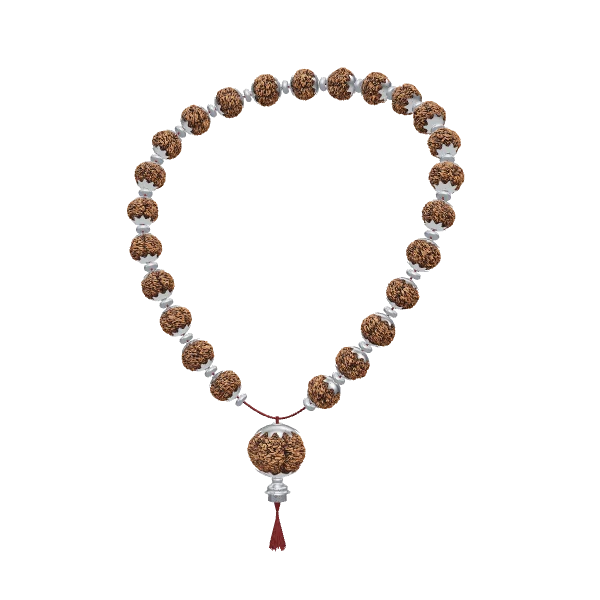 3D render of a rudraksha mala with silver caps, silver spacers and a capped guru bead with a maroon tassel