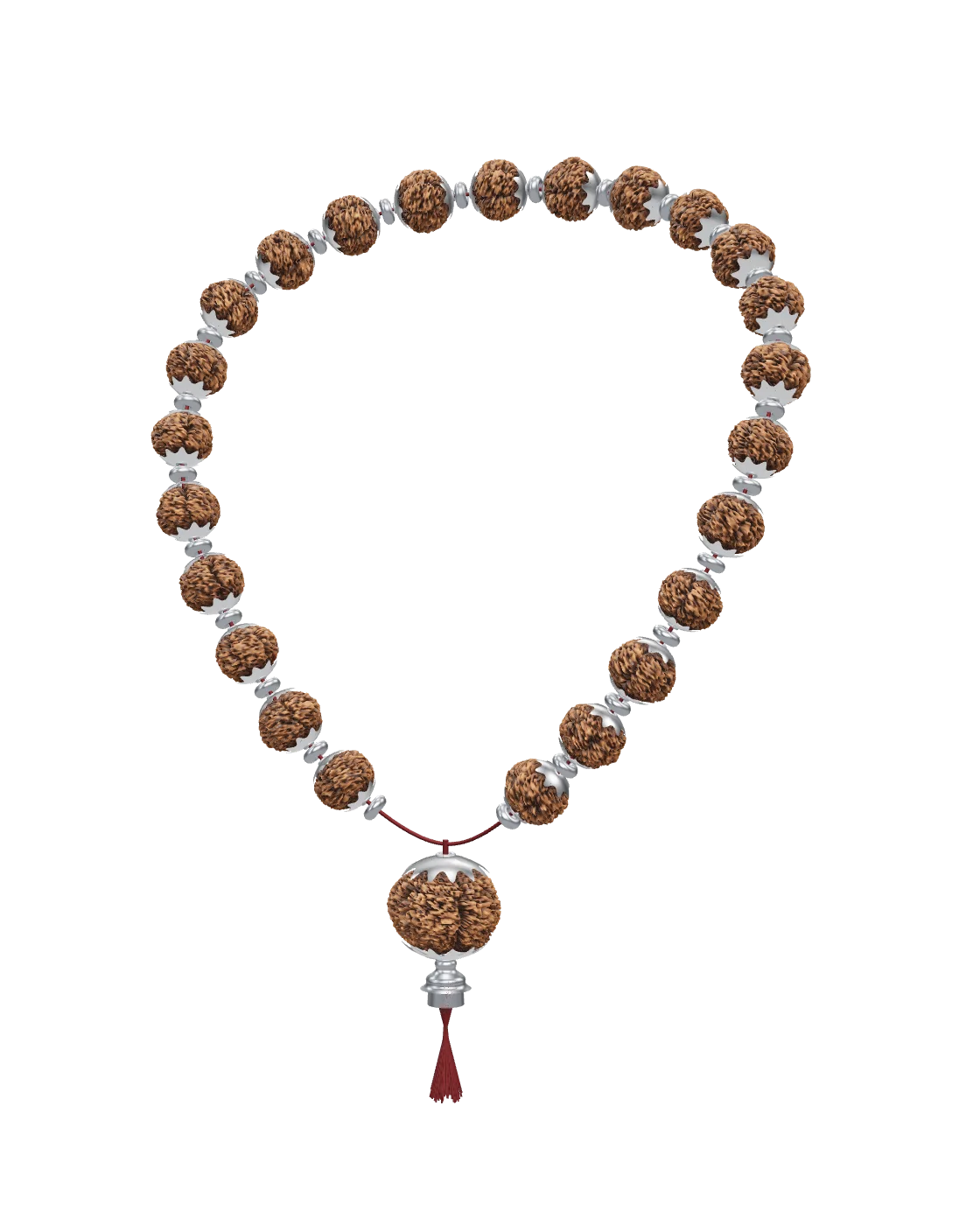 Illustrative 3D render of a Rudraksha mala: textured brown beads with silver caps and spacers, and a larger capped guru bead with a maroon tassel.