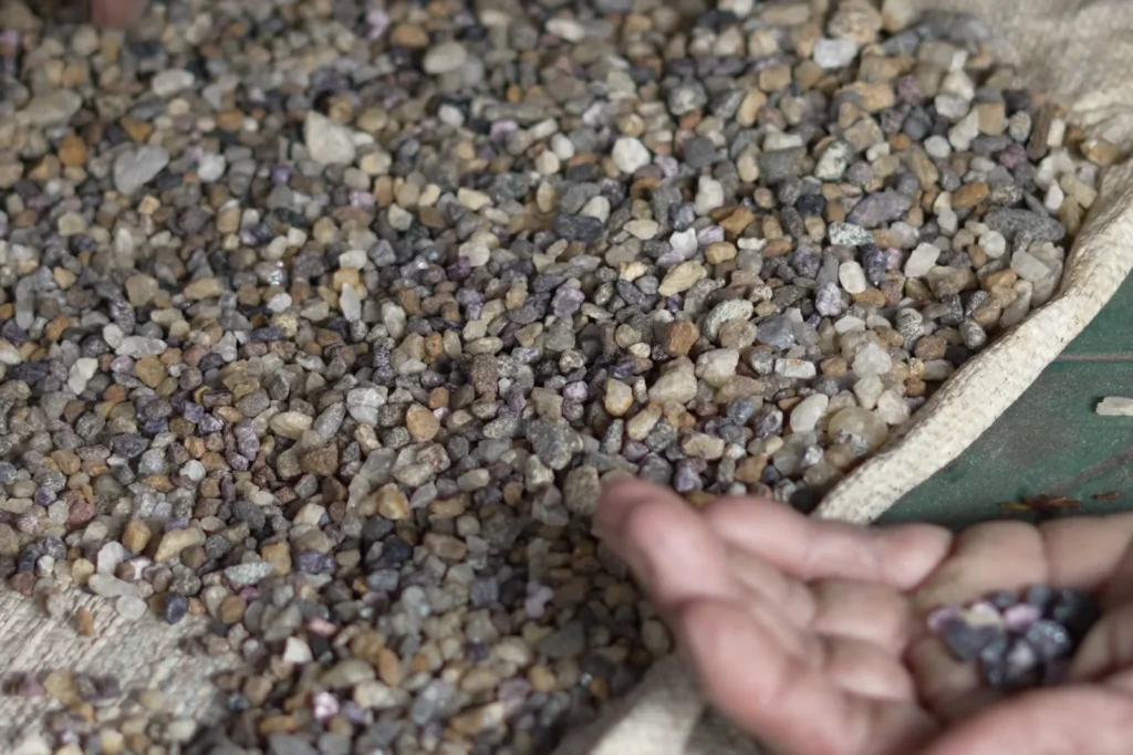 Washed gem gravel being hand-sorted at a gem mine in Pelmadulla, Sri Lanka, with small sorted stones held in one hand