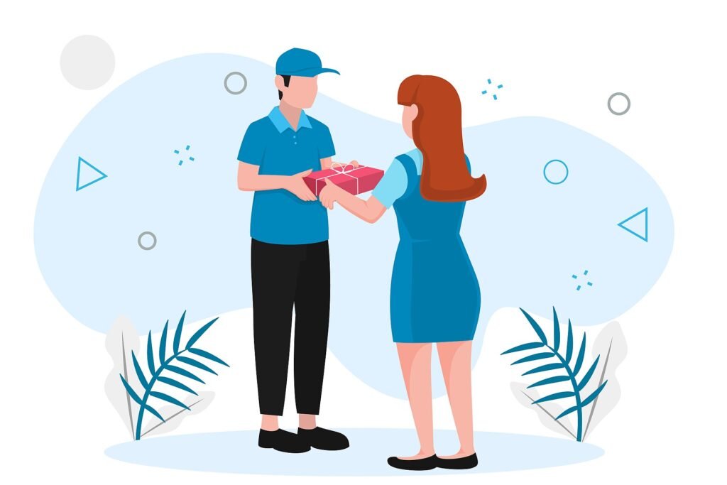 A courier handing a parcel to a customer at her door