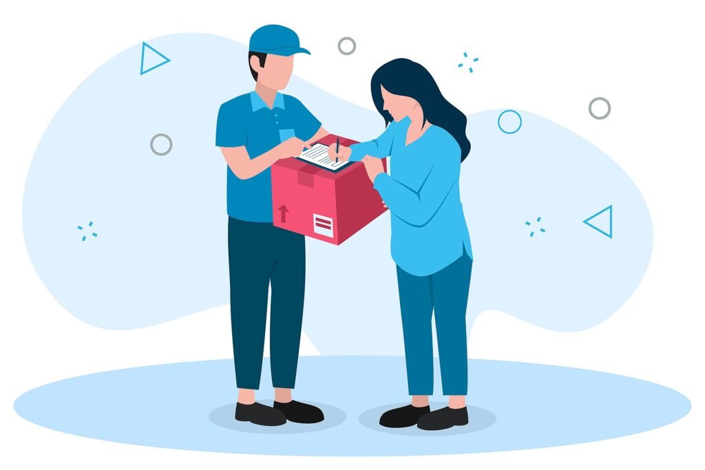 A customer signing for a parcel handed over by a courier