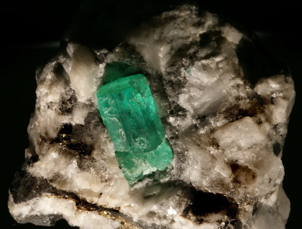 A green emerald crystal embedded in white and dark rock matrix from the Muzo mine, Colombia
