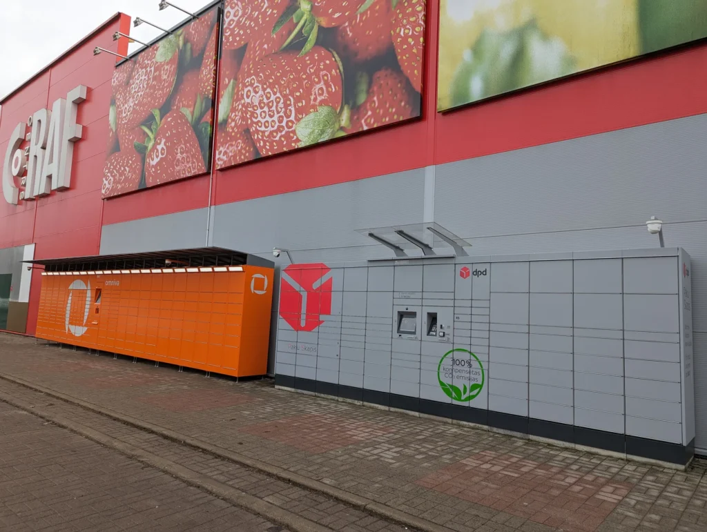 Parcel lockers used for collecting and returning online orders, outside a shop