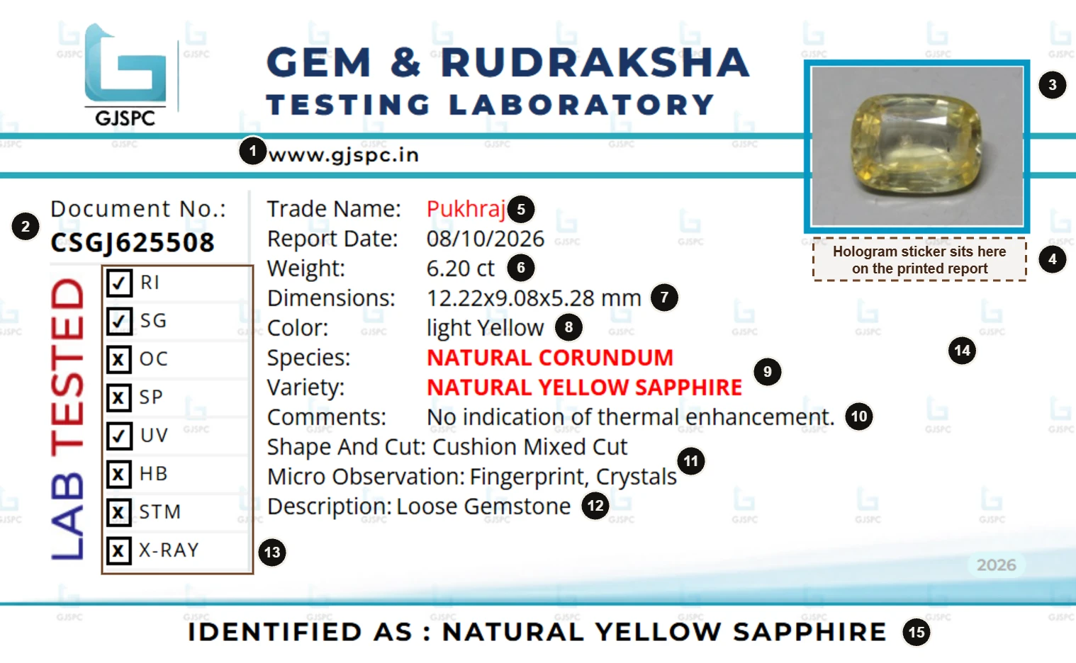 GJSPC gemstone test report CSGJ625508 for a 6.20 ct natural yellow sapphire, with numbered labels marking its features