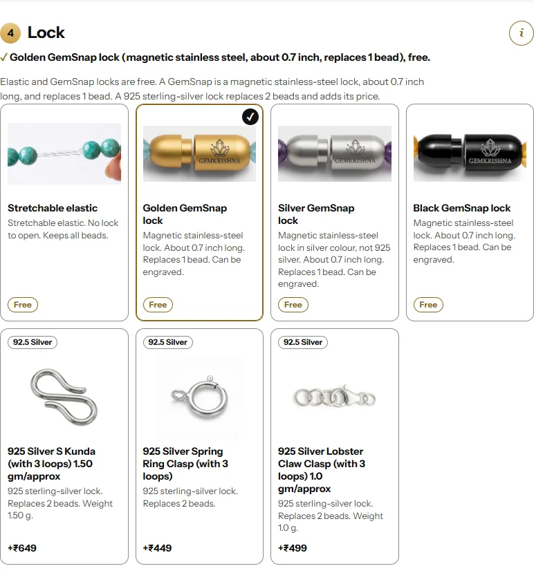 Lock options in the GemKrishna bracelet builder: elastic, three GemSnap magnetic locks and three 925 silver clasps with prices