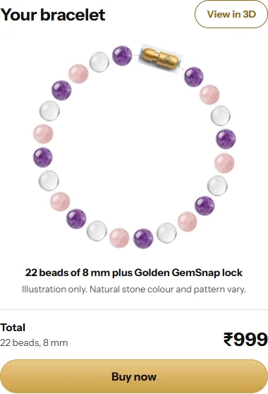 Builder preview of a 7-inch, 8 mm bracelet with amethyst, rose quartz and clear quartz alternating and a golden GemSnap lock, 22 beads, 999 rupees
