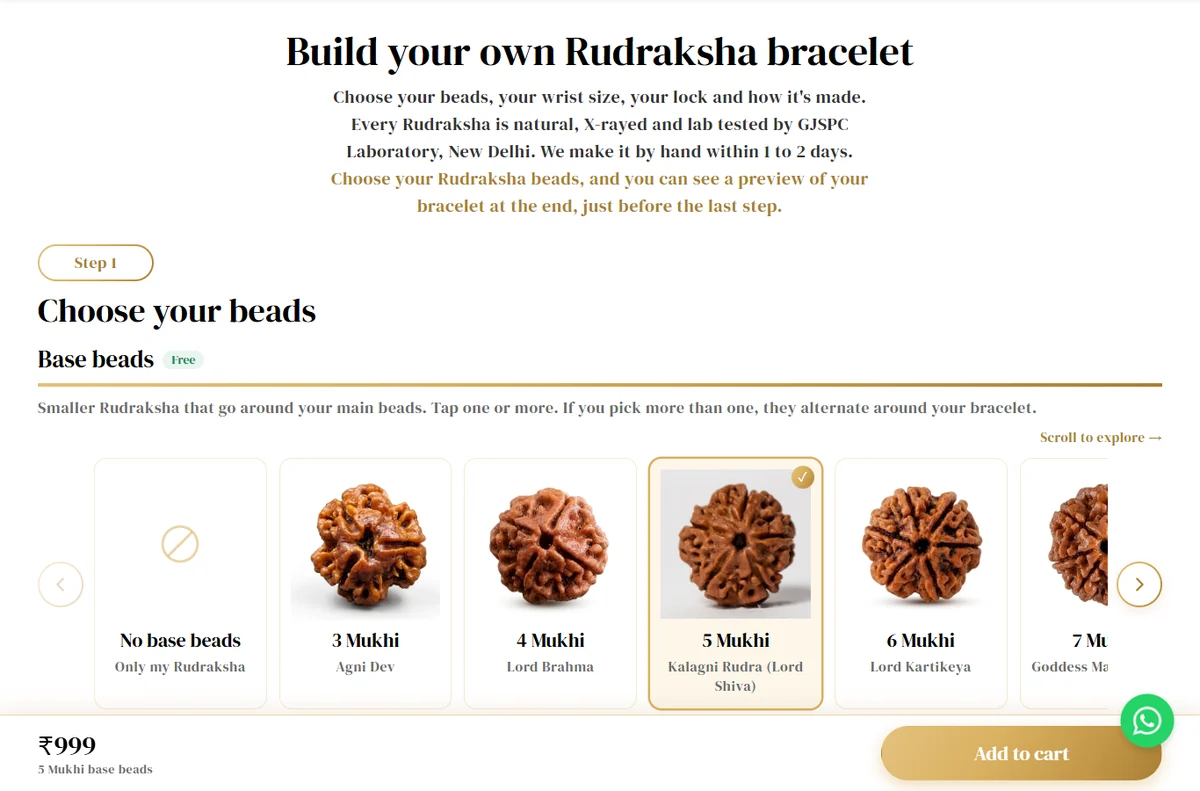 First step of the GemKrishna Rudraksha bracelet builder, showing free base bead choices from 3 to 7 mukhi
