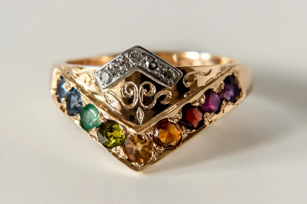 A yellow gold ring with a curved row of coloured gemstones beneath a small band of set diamonds