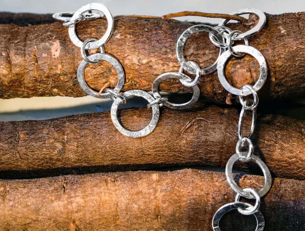 A sterling silver chain necklace with large hammered round links, draped over brown roots