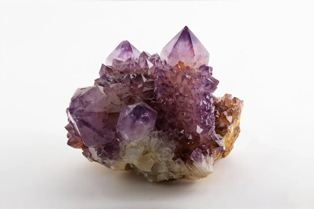 A natural amethyst crystal cluster with pointed purple quartz crystals