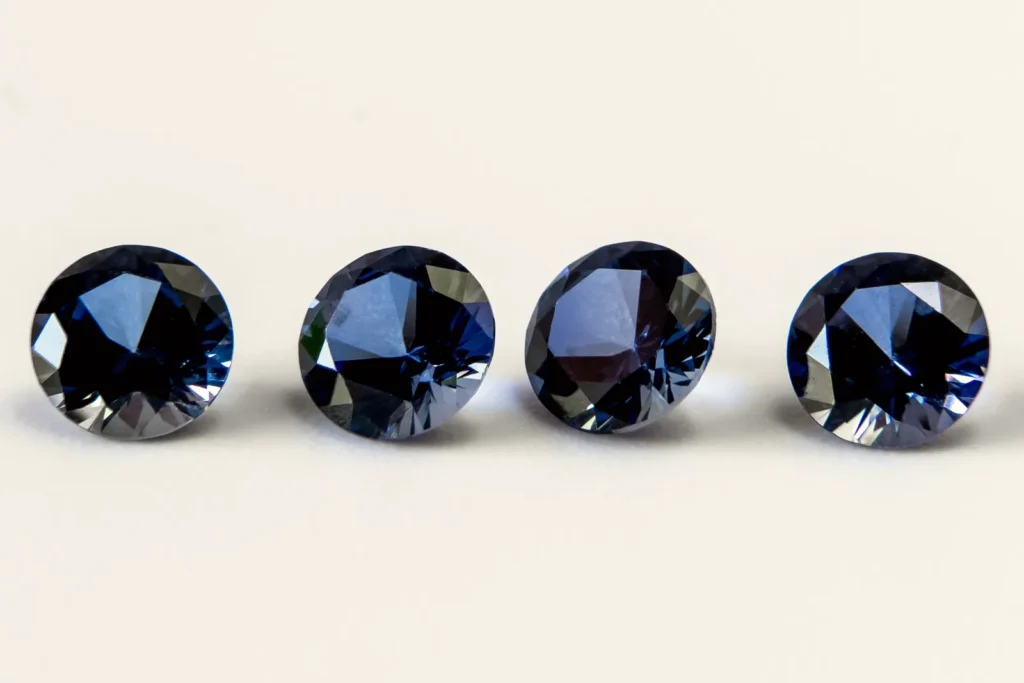 Four faceted man-made blue sapphires in a row on a white surface