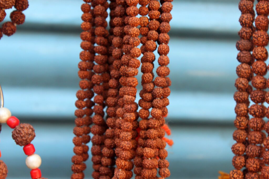 Strands of ordinary rudraksha japa malas hanging for sale