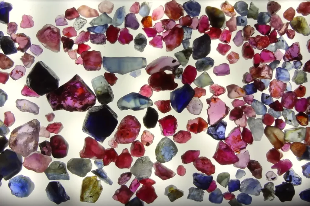 Rough red, pink, purple and blue ruby and sapphire crystals from Pailin, Cambodia, spread on a light surface