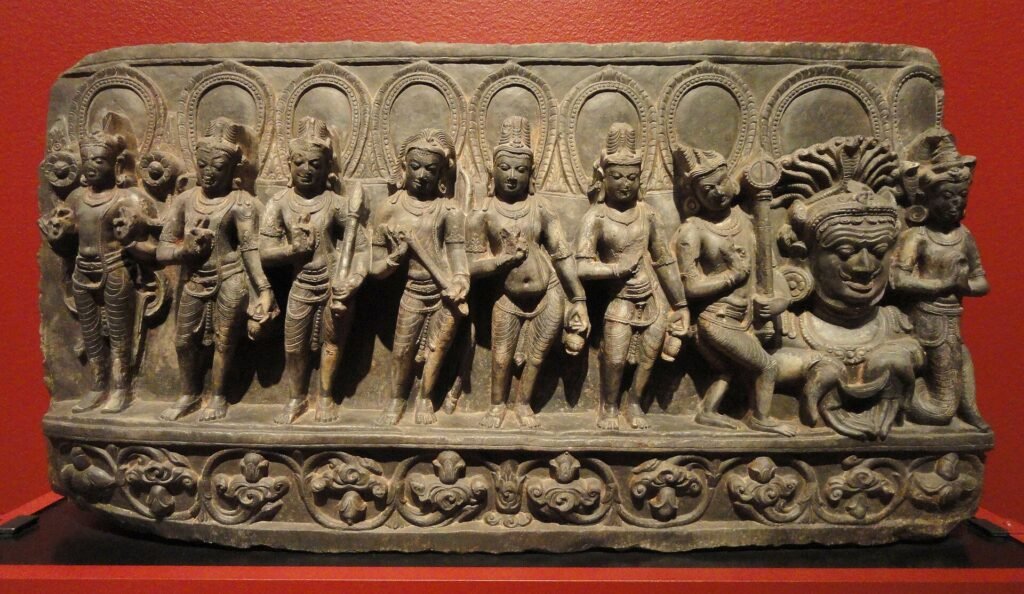 A 10th-century stone relief of the Navagraha, the nine planetary deities, from Bihar